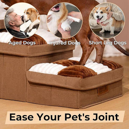 FUNNYFUZZY Dog Stairs for Small Dogs - 5 Steps Chessboard Plaid Handcrafted Dog Stairs with Storage - Multifunctional and Foldable, Brown