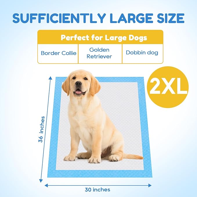 JollyMate 30"x36" Dog Pee Pads Extra Large, 100 Pack XX-Large Super Absorbent Pet Pee Pads with Adhesive Tabs, 6 Layers Thick Leak-Proof Potty Pads for Dogs and Puppies