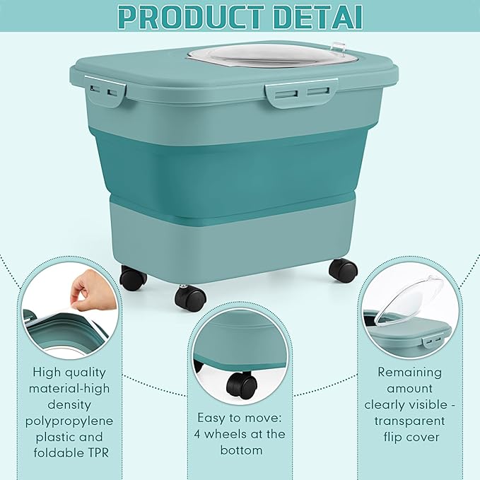 Juexica Collapsible Cat Litter Storage Bin Container with Rolling Casters, 20 Lbs Portable Cat Litter Storage Container with Airtight Lids, Shovel, Kitchen Cereal Rice Leakproof Sealable(Green)