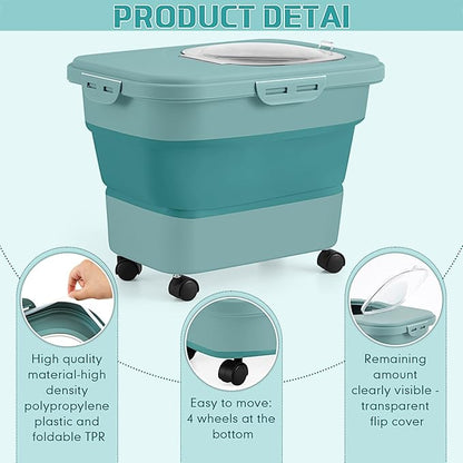 Juexica Collapsible Cat Litter Storage Bin Container with Rolling Casters, 20 Lbs Portable Cat Litter Storage Container with Airtight Lids, Shovel, Kitchen Cereal Rice Leakproof Sealable(Green)