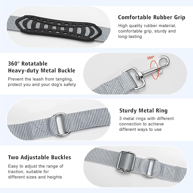Hands Free Dog Leash, 8.5ft Adjustable Hands Free Leash for Medium Dogs, Versatile Handheld Crossbody Waist Lead with 3 Rings, Easy Adjust for Running Jogging Walking, Sponge Handle, Gray