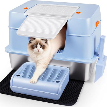 Vivifying Stainless Steel Litter Box with Lid, XL Side Entry Extra Large Litter Box for Big Cats & Kitty, Removable Enclosed Metal Cat Pan with High Sided Enclosure, Scoop, Mat, Footboard (Blue)
