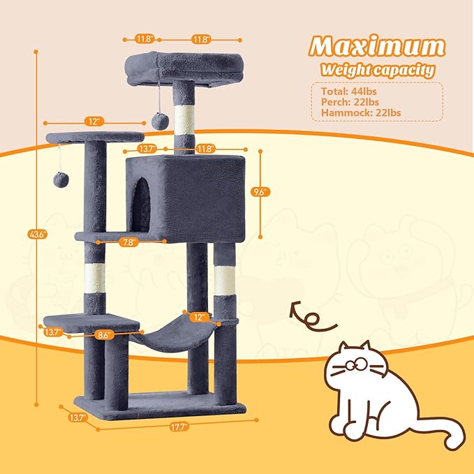 DUMOS Small 44 Inch Cat Tree Tower, Cat Climbing Tower with Natural Sisal Scratching Posts, Hammock, Pet Condo for Indoor Cats and Kittens Play, Dark Grey