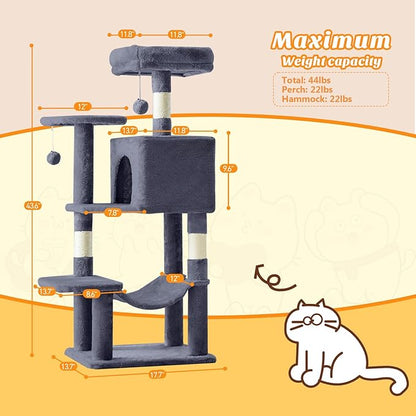 DUMOS Small 44 Inch Cat Tree Tower, Cat Climbing Tower with Natural Sisal Scratching Posts, Hammock, Pet Condo for Indoor Cats and Kittens Play, Dark Grey