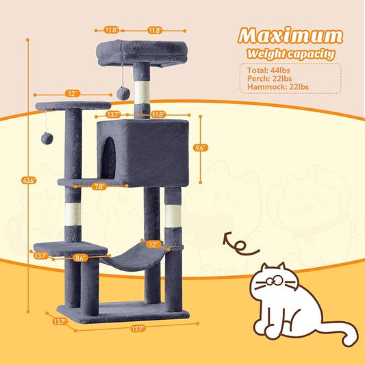 DUMOS Small 44 Inch Cat Tree Tower, Cat Climbing Tower with Natural Sisal Scratching Posts, Hammock, Pet Condo for Indoor Cats and Kittens Play, Dark Grey