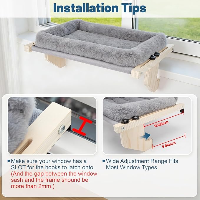 Cat Sill Window Perch - 100% Natural Pine Frame, Soft Rabbit Fur Cushion, Tool-Free Adjustment, Supports 50 lbs (Large-Grey)