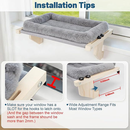 Cat Sill Window Perch - 100% Natural Pine Frame, Soft Rabbit Fur Cushion, Tool-Free Adjustment, Supports 50 lbs (Large-Grey)
