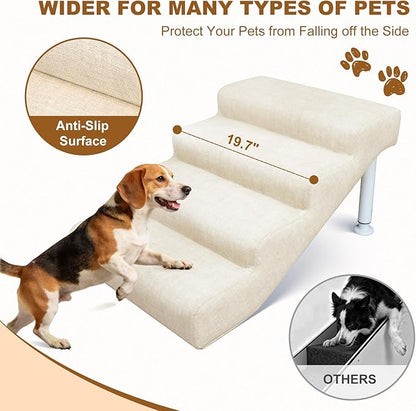 Adjustable Dog Stairs & Ramp for Cats and Dogs, 4-Step Pet Stairs for High Beds and Couch, 14.5"–17.7" Height, Linen Faux Leather, Waterproof, Scratch-Resistant, Non-Slip Indoor Pet Ramp