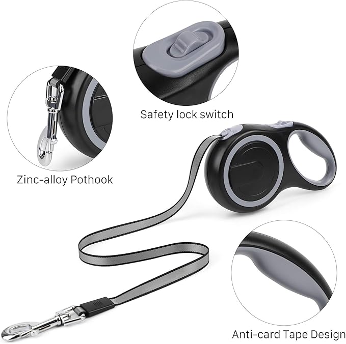 Segarty Dog Leash Retractable 26ft, Dog Leashes for Small Medium Large Pets Up to 110lbs, Heavy Duty 1 Button Break & Lock No Tangle Nylon Leads for Pet Walking & Training, Black