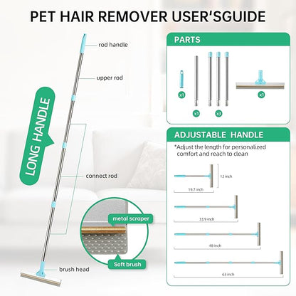 Carpet Rake for Pet Hair Removal - Reusable Uproot Clean Pet Hair Remover, 63” Adjustable Long Handle Cat Dog Carpet Rake Scraper, Dog Hair Rake Brush for Rugs, Mats, Couch