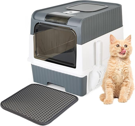 Cat Litter Box with Litter Mat, 18"x14"x13" Large Litter Box for Big Cats, Enclosed Removable Litter Boxs, Front Entry Top Exit Kitty Box, Odor Control, Easy to Clean (Grey)