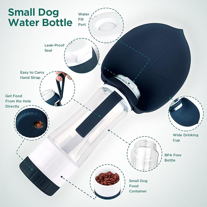 Uppetly Dog Water Bottle, Pet Water Bottle with Food Container and Drinking Feeder, Leak Proof, BPA-Free, Portable Foldable Puppy Water Cup Dispenser for Outdoor Walking, Travel, Small Dark Blue