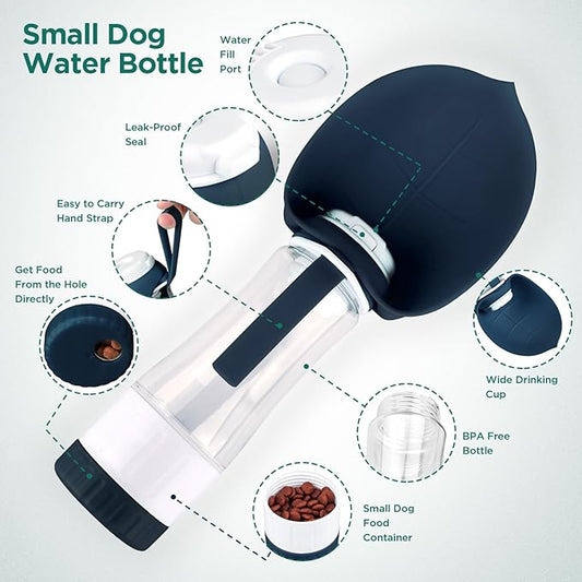 Uppetly Dog Water Bottle, Pet Water Bottle with Food Container and Drinking Feeder, Leak Proof, BPA-Free, Portable Foldable Puppy Water Cup Dispenser for Outdoor Walking, Travel, Small Dark Blue