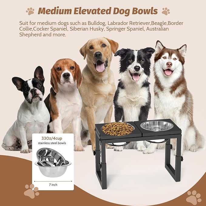 Dog Bowls Elevated, 4 Height(6.8" to 10") & Angle (0-20°) Adjustable Raised Dog Bowl Stand, Elevated Dogs Bowl Stand for Medium Sized Pet, Sturdy Metal Dogs Feeding Station with 2X 33oz (4cup) Dishes