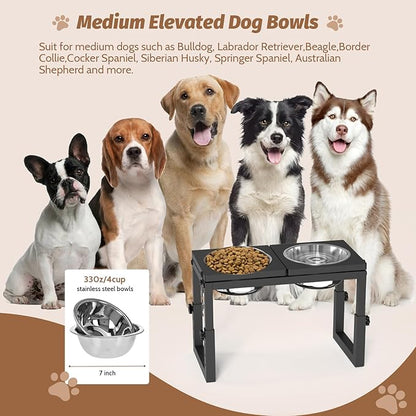 Dog Bowls Elevated, 4 Height(6.8" to 10") & Angle (0-20°) Adjustable Raised Dog Bowl Stand, Elevated Dogs Bowl Stand for Medium Sized Pet, Sturdy Metal Dogs Feeding Station with 2X 33oz (4cup) Dishes