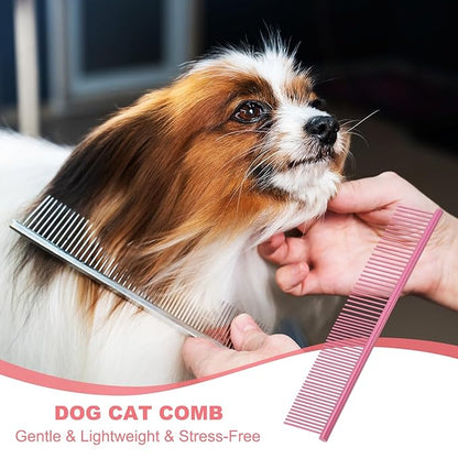 Dog Cat Comb, Pet Combs Stainless Steel Teeth with Rounded Ends for Knots Mats Loose Hair Removal, 6.5/7.5IN (Pink Coated, 2 Pack), Grooming Tool Intended for Long Curly Hair Pet