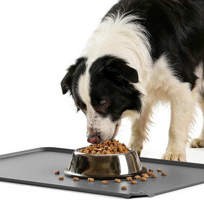 ESTHELLO Waterproof Pet Feeding Mats - Advanced Silicone Dog Food Mat Easy to Clean for Dog & Cat Bowls, 24''x16'' Premium Gray