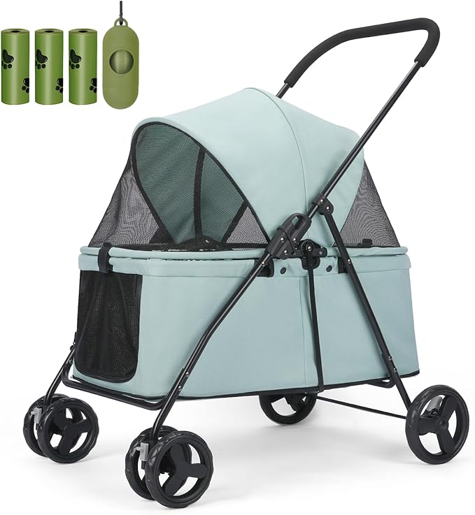 20% Larger Capacity, Wedyvko Dog Stroller for Medium/Small Pets w/Dog Poop Bags & Dispenser, Storage Pouch, Zipperless, Entry in/Out Easy (Mint Green)