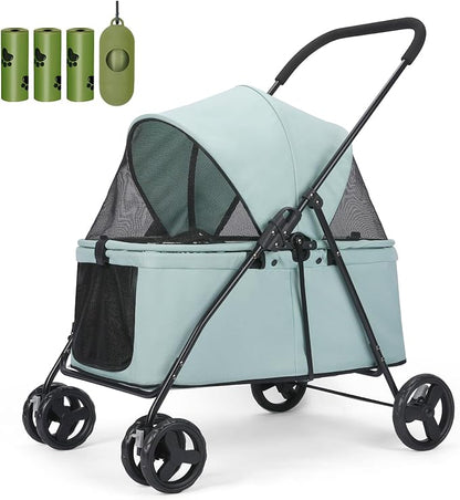20% Larger Capacity, Wedyvko Dog Stroller for Medium/Small Pets w/Dog Poop Bags & Dispenser, Storage Pouch, Zipperless, Entry in/Out Easy (Mint Green)