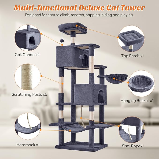 DUMOS Large 66 Inch Cat Tree Tower, Tall Multi Level Cat Climbing Tower with Natural Sisal Scratching Posts, Hammock, Pet Condo for Indoor Cats and Kittens Play, Dark Grey