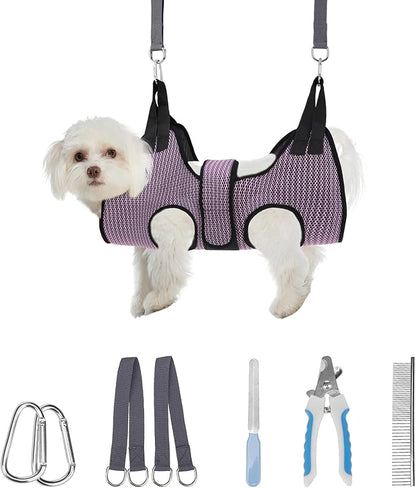 PAWCHIE Dog Grooming Hammock Harness for Dogs & Cats with Pet Nail Clipper Trimmer- Breathable Cat Hanger Sling for Trimming Clipping Nails-Dog Hammock Restraint Bag for Small Medium Large Dog,Pink XS