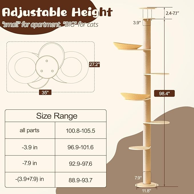 Tinnmao Solid Real Wood Floor to Ceiling Cat Tree, 6 Level Adjustable Height (89"-105"), Modern Climbing Tower with Thickened Wooden Sisal Scratching Posts & Cozy Bed for Indoor Cats Large Adult