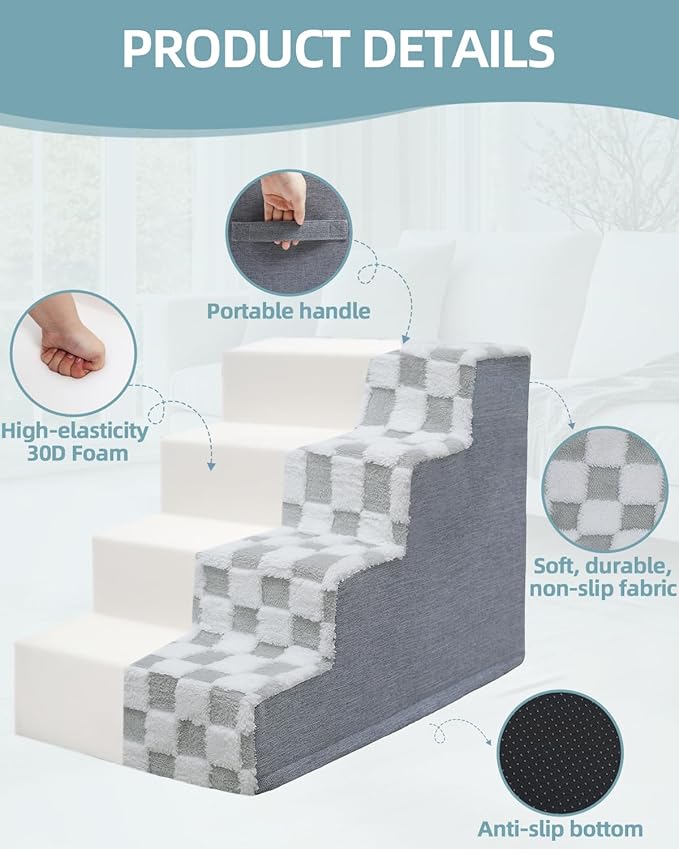 KSIIA Dog Stairs for Small Dogs & Cats Pet Stairs Supportive 4-Tier Pet Steps for Bed Couch Sofa Chair, No-Slip Cat Steps with Removable Washable Cover, 24" D x 15" W x 17.5" H, Grey