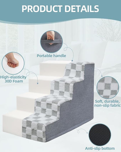 KSIIA Dog Stairs for Small Dogs & Cats Pet Stairs Supportive 4-Tier Pet Steps for Bed Couch Sofa Chair, No-Slip Cat Steps with Removable Washable Cover, 24" D x 15" W x 17.5" H, Grey