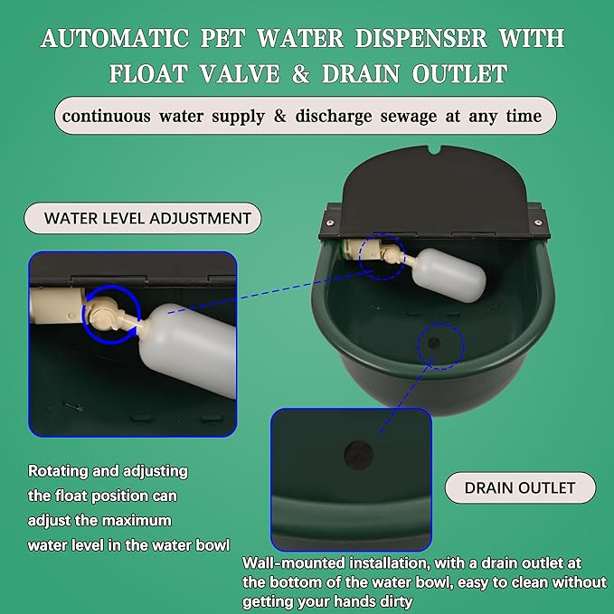 Automatic Dog Water Dispenser with Drain Valve, 1 Gallon Outdoor Auto Water Dog Bowl with Float Valve, Automatic Chicken Waterer with Hose Quick Connector, for Horse, Poultry (Green)