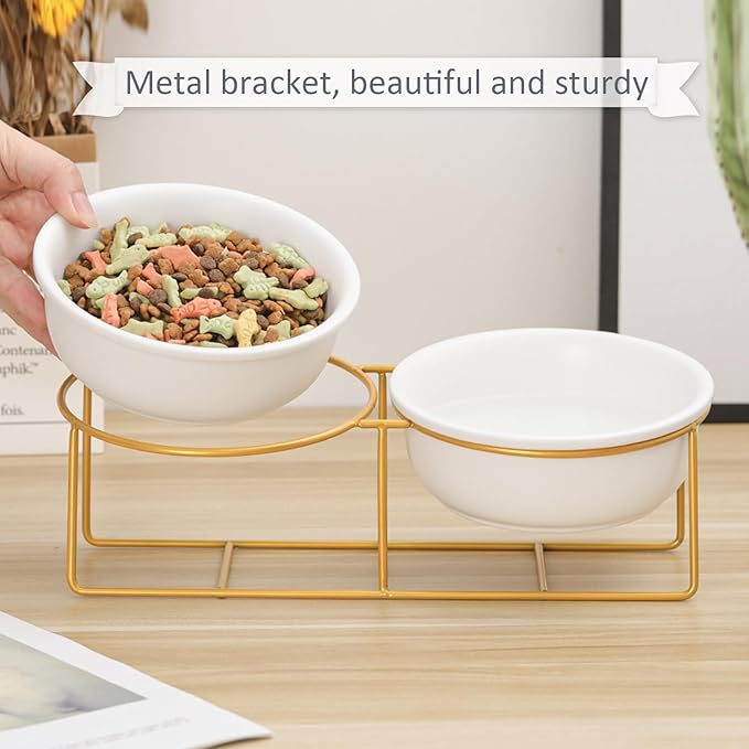 Large Small Double Elevated Dog Bowls - Raised Dog Bowl - Ceramic Dog Cat Bowl Set for Food and Water - Pet Comfort Feeding Bowls with Gold Iron Stand