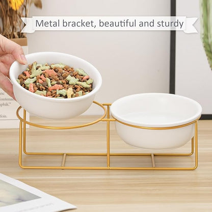 Large Small Double Elevated Dog Bowls - Raised Dog Bowl - Ceramic Dog Cat Bowl Set for Food and Water - Pet Comfort Feeding Bowls with Gold Iron Stand