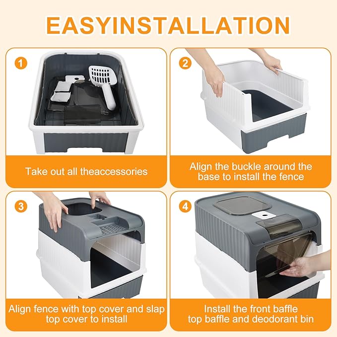 Cat Litter Box with Litter Mat, 18"x14"x13" Large Litter Box for Big Cats, Enclosed Removable Litter Boxs, Front Entry Top Exit Kitty Box, Odor Control, Easy to Clean (Grey)