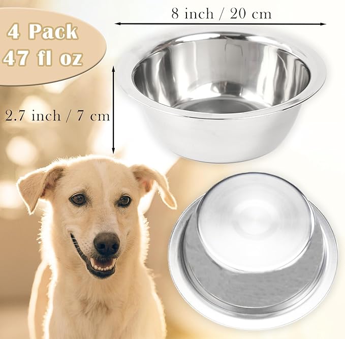 4 Pack Stainless Steel Dog Bowls, 8 Inch Basic Metal Dog Bowls Food and Water Dish for Small Large Dogs, Puppy
