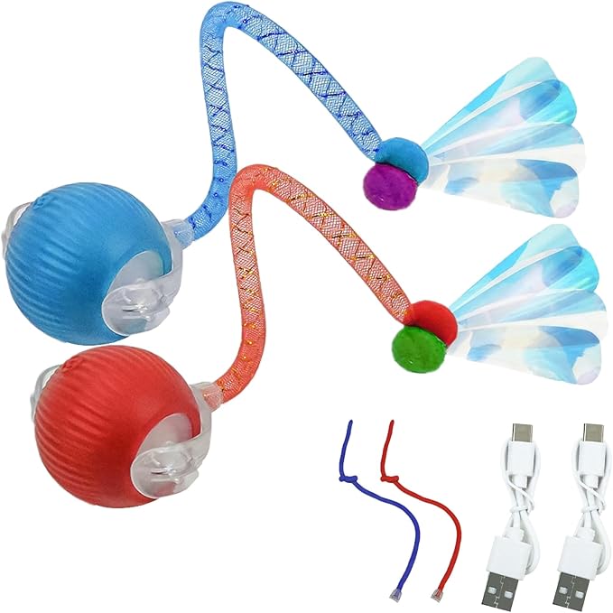 Interactive Cat Toy Ball - 2Pcs Speedy Cat Toys for Indoor Cats with Feather Tails for Chasing with 2Pcs Replaceable Tails ，Automatic Kitten Toys for Bored Indoor Adult Cats