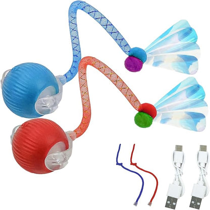 Interactive Cat Toy Ball - 2Pcs Speedy Cat Toys for Indoor Cats with Feather Tails for Chasing with 2Pcs Replaceable Tails ，Automatic Kitten Toys for Bored Indoor Adult Cats