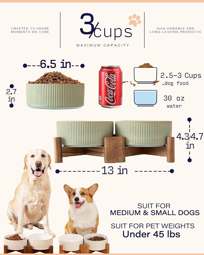 Getstar Ceramic Dog Bowls Set with Acacia Wood Stand, 3.5 Cups Pet Bowls Set of 2 for Medium Dogs, Cute Dog Food Bowl, Cat Bowls