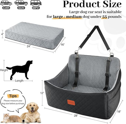 Wooaidagg Dog Car Seat for Medium & Large Dogs Up to 55lbs, Memory Foam Cushion, Washable Cover, Safety Straps & Non-Slip Base(Black/Grey,Large)