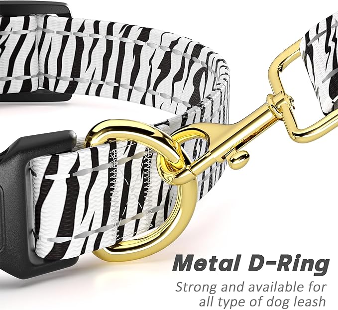 Reflective Dog Collar for Medium Dogs, Cute Boho Adjustable Heavy-Duty Nylon Puppy Collar for Boy and Girl Female, Soft Pet Accessories with Quick Release Buckle, Stylish Zebra Print