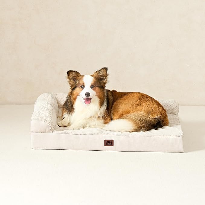 EHEYCIGA Memory Foam Dog Bed Large Size Dogs, Orthopedic Dog Bed Large with Washable Removable Cover, Waterproof Pet Sofa Couch with Nonskid Bottom, 36x27x6, Beige