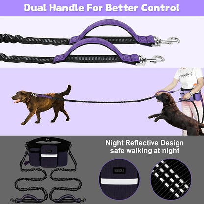 ETACCU Heavy Duty Hands Free Dog Leash with Zipper Pouch for Two Dogs, Waist Belt for Large Medium Dogs for Running, Walking, Jogging and Hiking, Dual Padded Handles and Durable Bungee (2 Dog Purple)