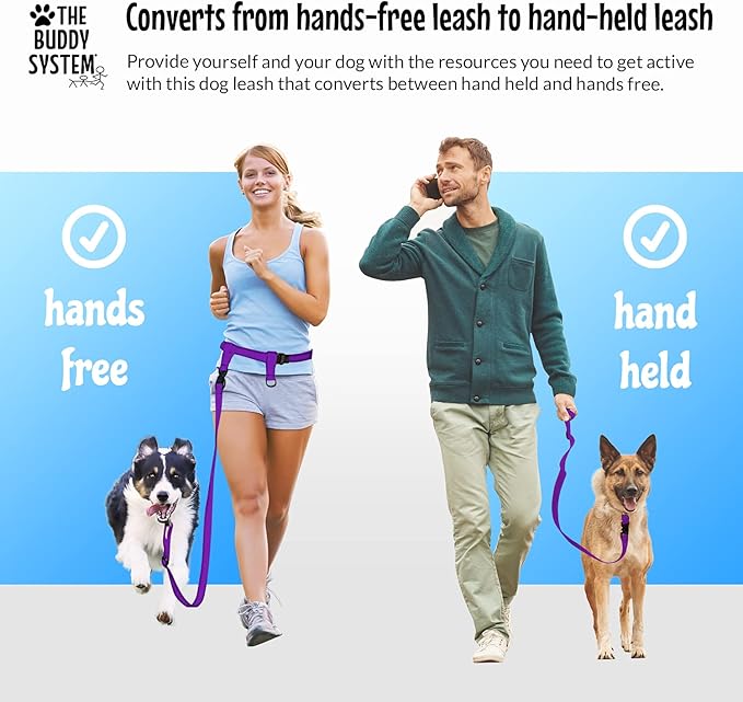 The Buddy System Hands Free Dog Leash, Adjustable Leash for Running, Jogging, Training and Service Dogs, Great for Small, Medium and Large Dogs, Made in USA (Purple, X-Large Belt (33"- 60" Waist))