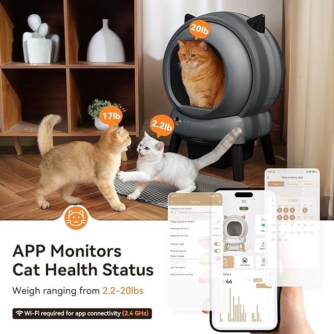 Self Cleaning Litter Box - E2 Automatic Cat Litter Box Smart Robot, APP Control,Weight Monitoring - Ultra-Quiet, for Medium Cats and Kittens, Safe Anti-Pinch Litter Box(Grey)