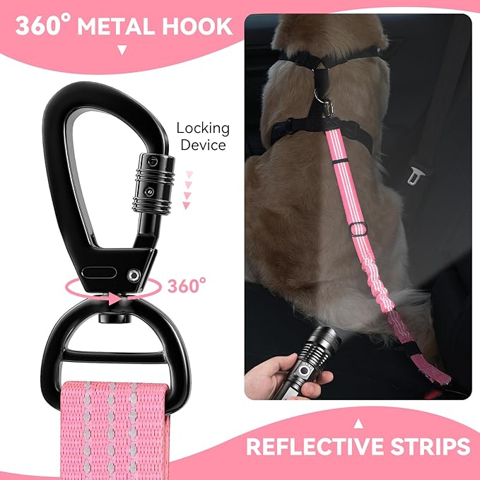 Pawaboo Dog Car Seat Belt– Reflective & Adjustable Dogs Cars Harness Leash with 360° Lockable Buckle, Shockproof Dogs Tether Bungee for Safe Travel, Pink