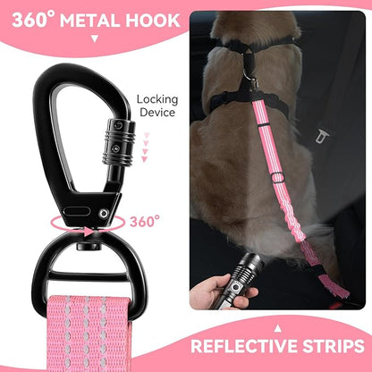 Pawaboo Dog Car Seat Belt– Reflective & Adjustable Dogs Cars Harness Leash with 360° Lockable Buckle, Shockproof Dogs Tether Bungee for Safe Travel, Pink
