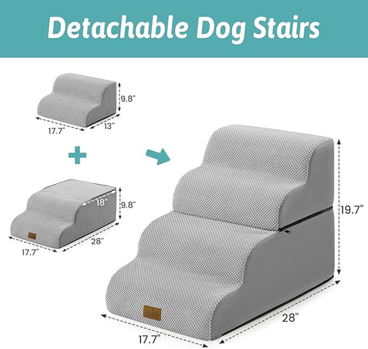 Detachable Curved Wide Dog Stairs 19.7" H, 4 Step Small Dog Step for Puppy or Older Cat, Ramp for Bed, Sofa, Couch or Chair, Ladder with High Density Foam, 17.7x28.3x19.7 inch, Grey