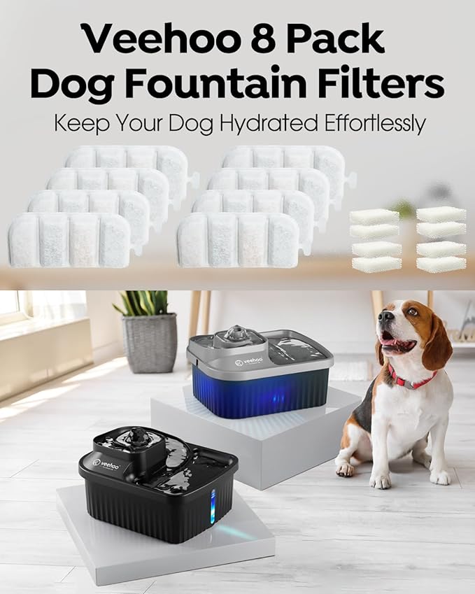 Veehoo 8 Pack Replacement Filters & 8 Pack Pre-Filter Sponges Set for 2.4Gal Dog Water Fountain, 4 Months Set of Replacement Filters for Dog Water Dispenser