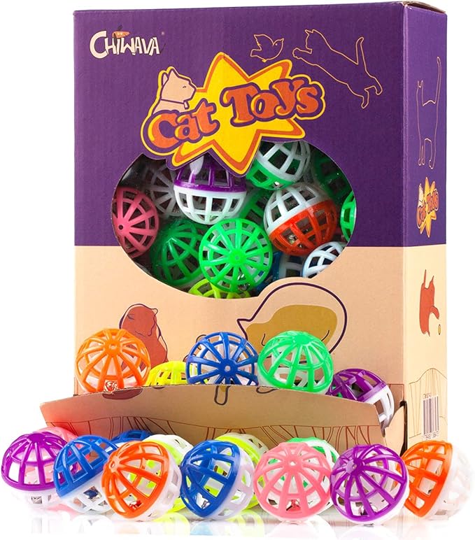 CHIWAVA 45PCS 1.6'' Cat Toy Ball with Bell Plastic Lattice Jingle Balls Kitten Chase Pounce Rattle Toy Assorted Color