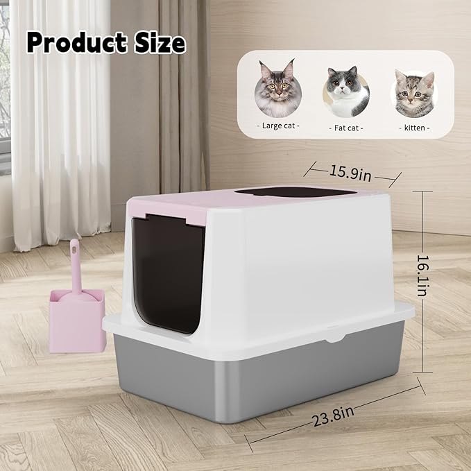 RIZZARI Enclosed Cat Litter Box: Extra Large Pink Litter Pan with Top Exit & Anti-Leak Design - Teflon Non-Stick Coating Stainless Steel Cleaning - Odor-Control in Garage Utility Room