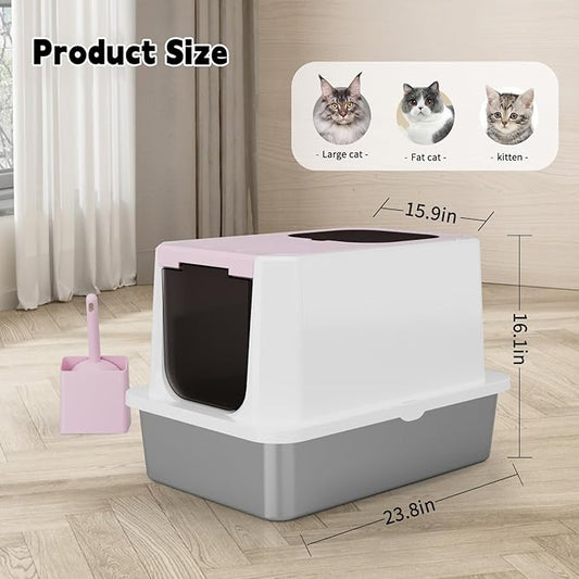 RIZZARI Enclosed Cat Litter Box: Extra Large Pink Litter Pan with Top Exit & Anti-Leak Design - Teflon Non-Stick Coating Stainless Steel Cleaning - Odor-Control in Garage Utility Room