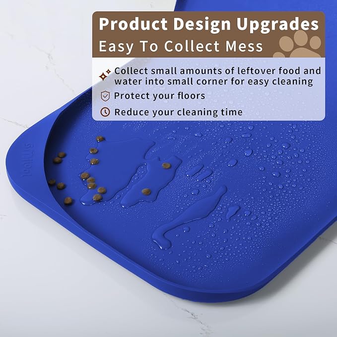 Silicone Pet Food Mat with Raised Edge for Food and Water Bowl, Dog Feeding Mats, Cat Food Trays for Floor Waterproof, Rubber Tray for Dogs and Cats, 19 x 12 x 0.7 Navy Blue